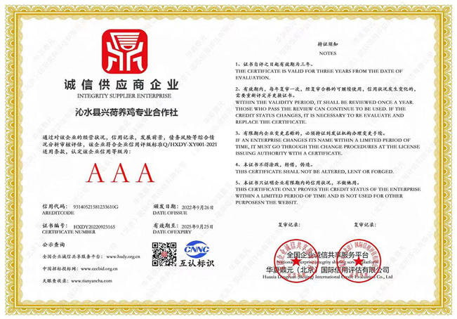 诚信供应商企业证书